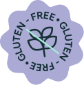 Gluten-free label with a crossed-out wheat symbol on a purple background.