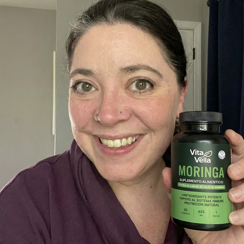 A smiling woman with a nose ring holds up a black bottle of Vita Vella Moringa supplements.