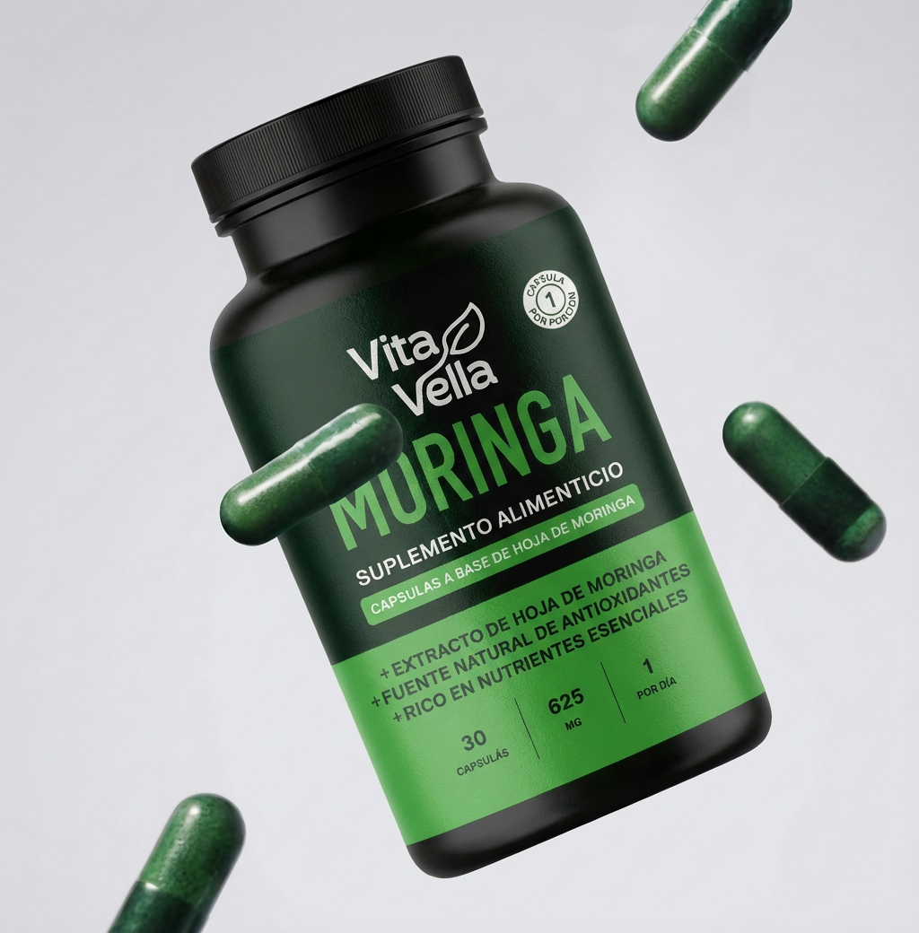 A black bottle of Vita Vella Moringa food supplement with green capsules floating around it.