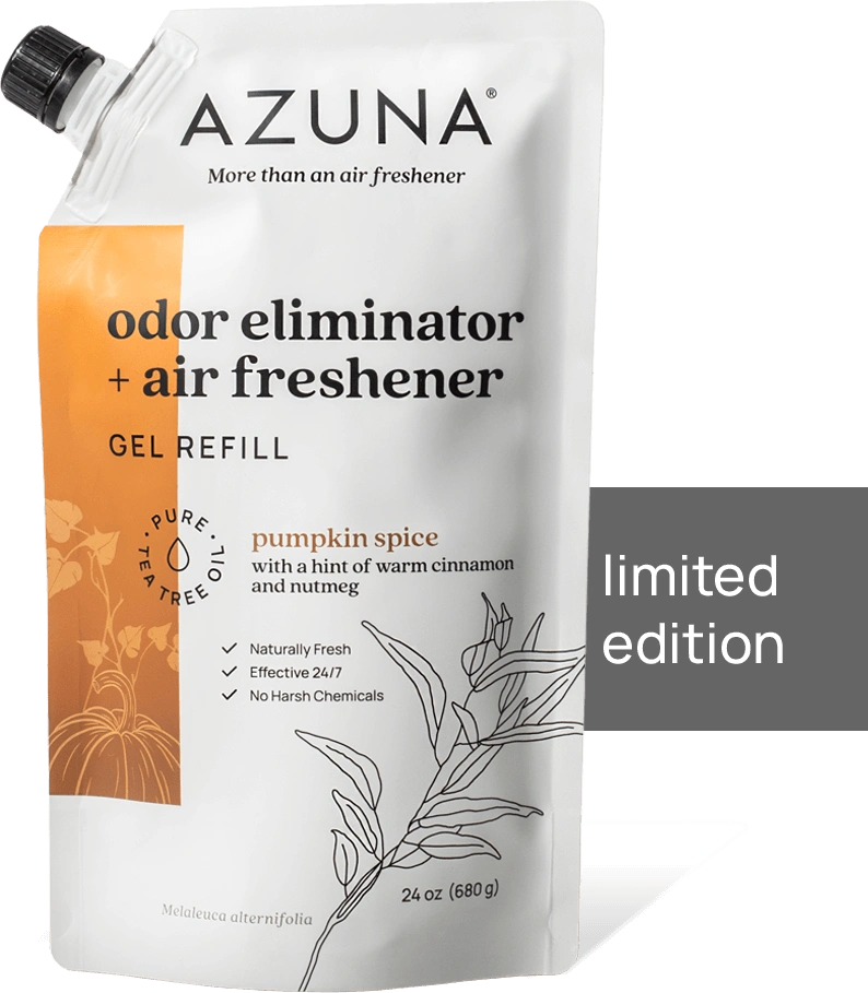 Azuna odor eliminator gel refill package with pumpkin spice scent, labeled 'limited edition.'