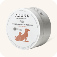 A white container of AZUNA PET odor eliminator and air freshener with illustrations of a cat and dog.