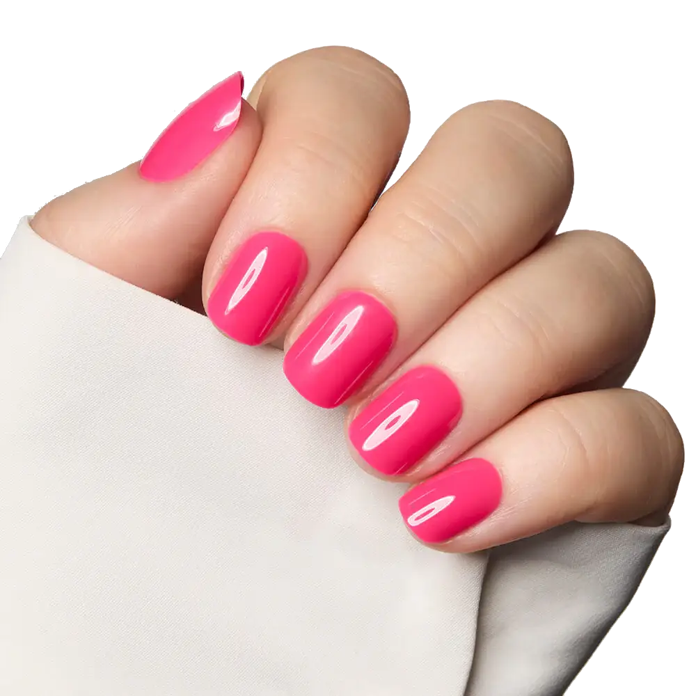 A close-up of a hand with glossy, hot pink nail polish against a white sleeve.