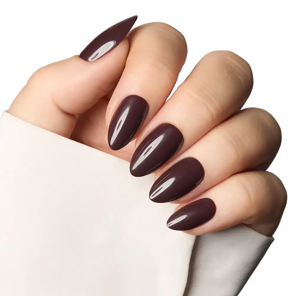 A close-up of a hand with long, almond-shaped nails painted a glossy, dark reddish-brown.