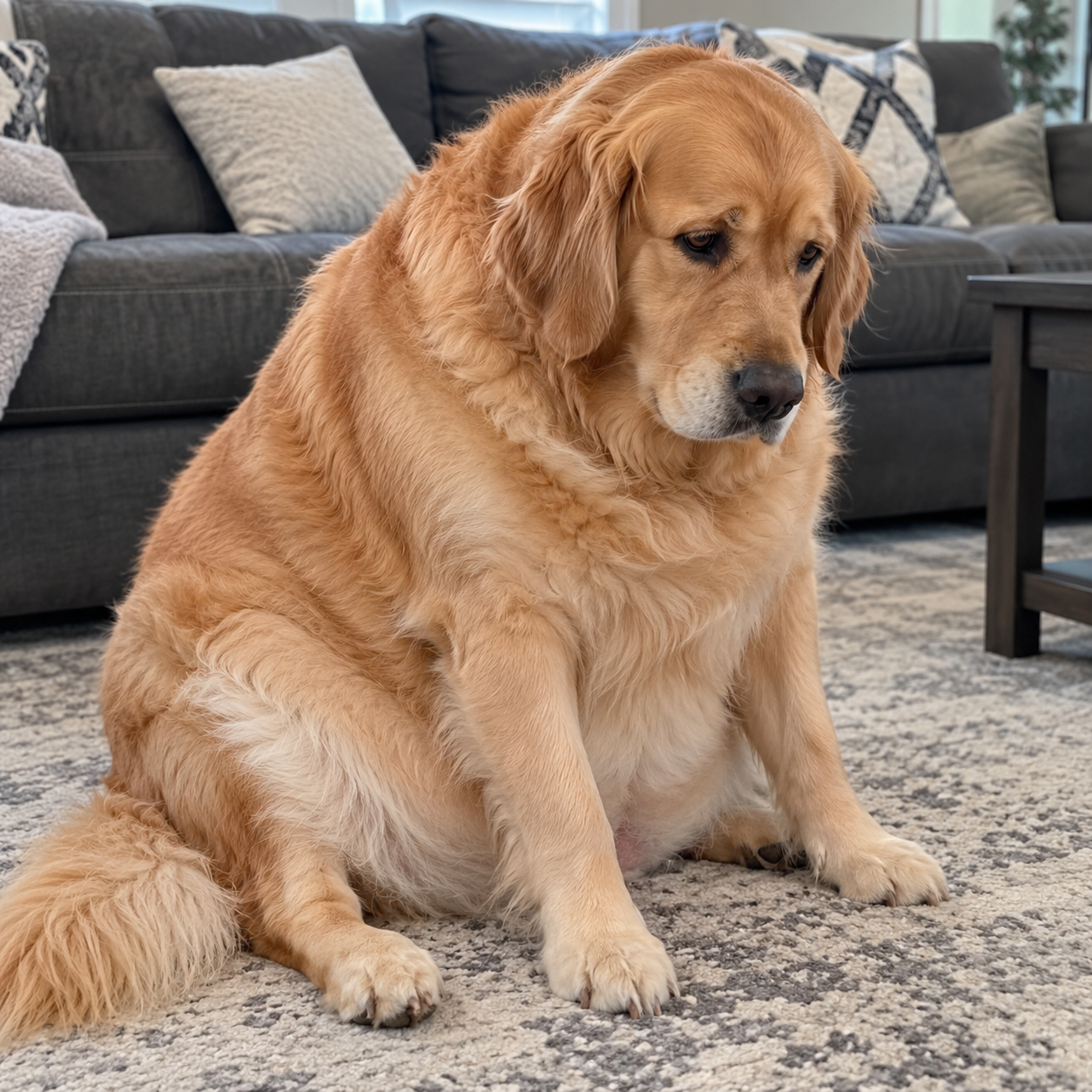 A fluffy golden retriever sits on a patterned rug in a living room, looking down.