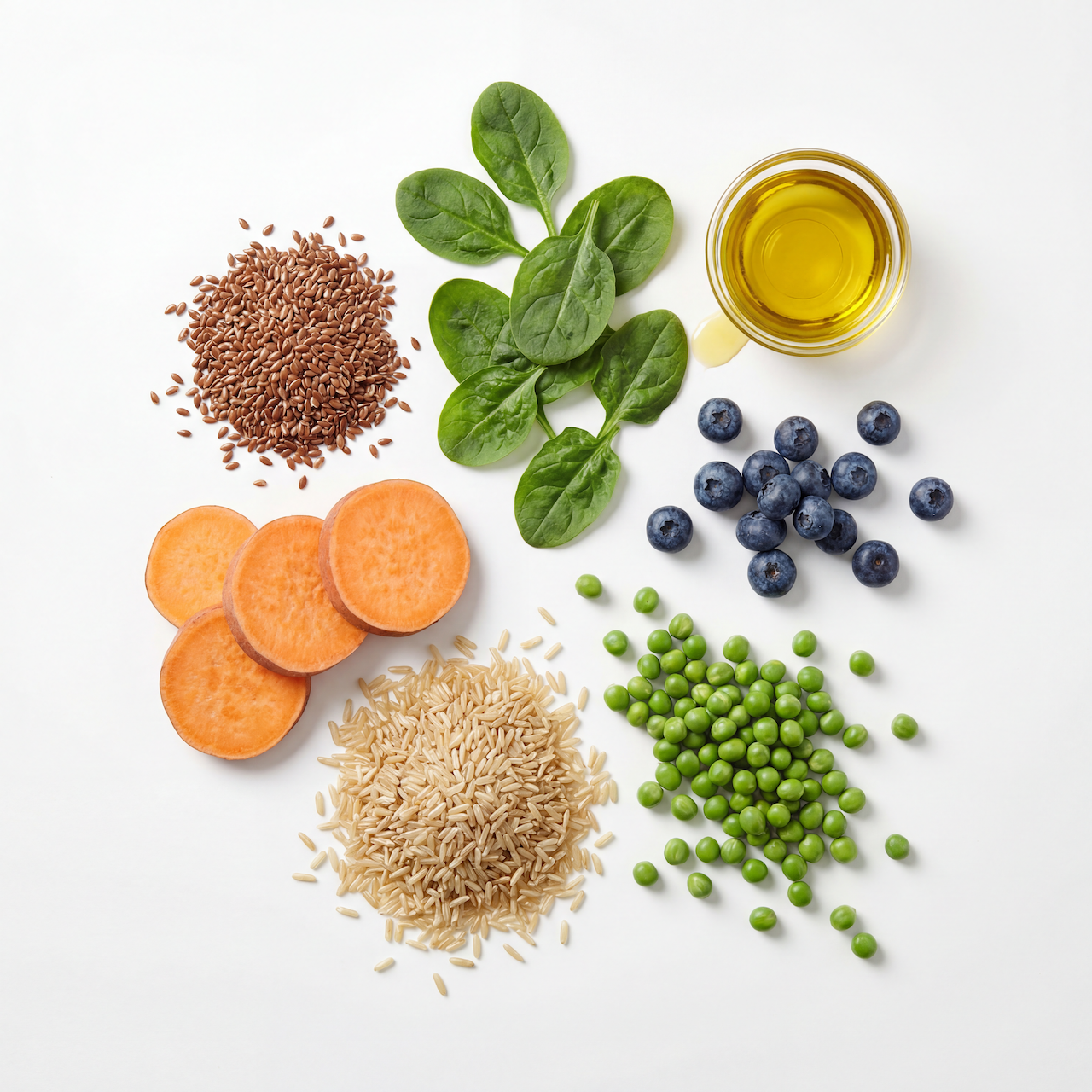 An overhead shot of various food ingredients including grains, vegetables, and fruit on a white surface.