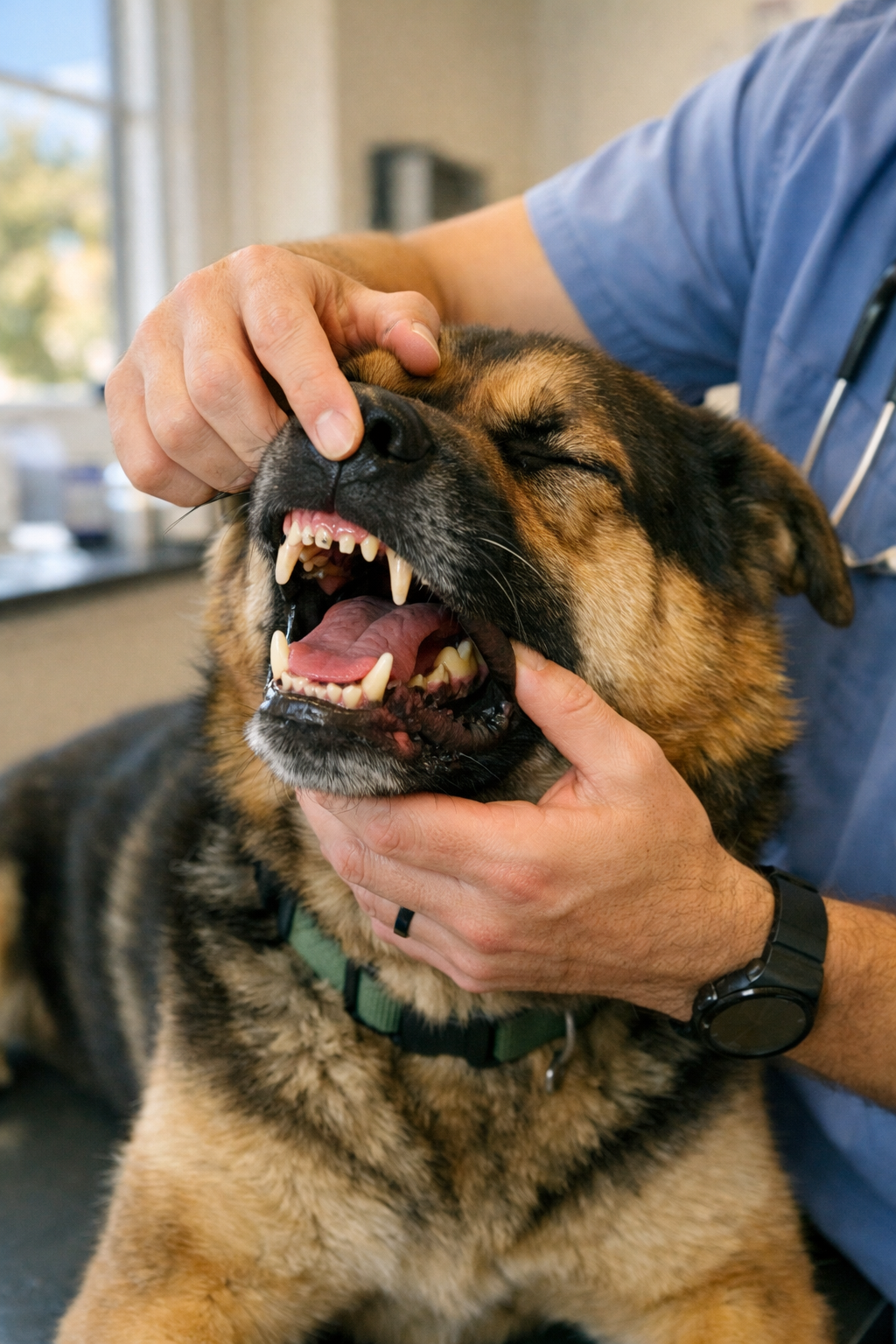 A person in blue scrubs holds a German Shepherd's mouth open to examine its teeth.