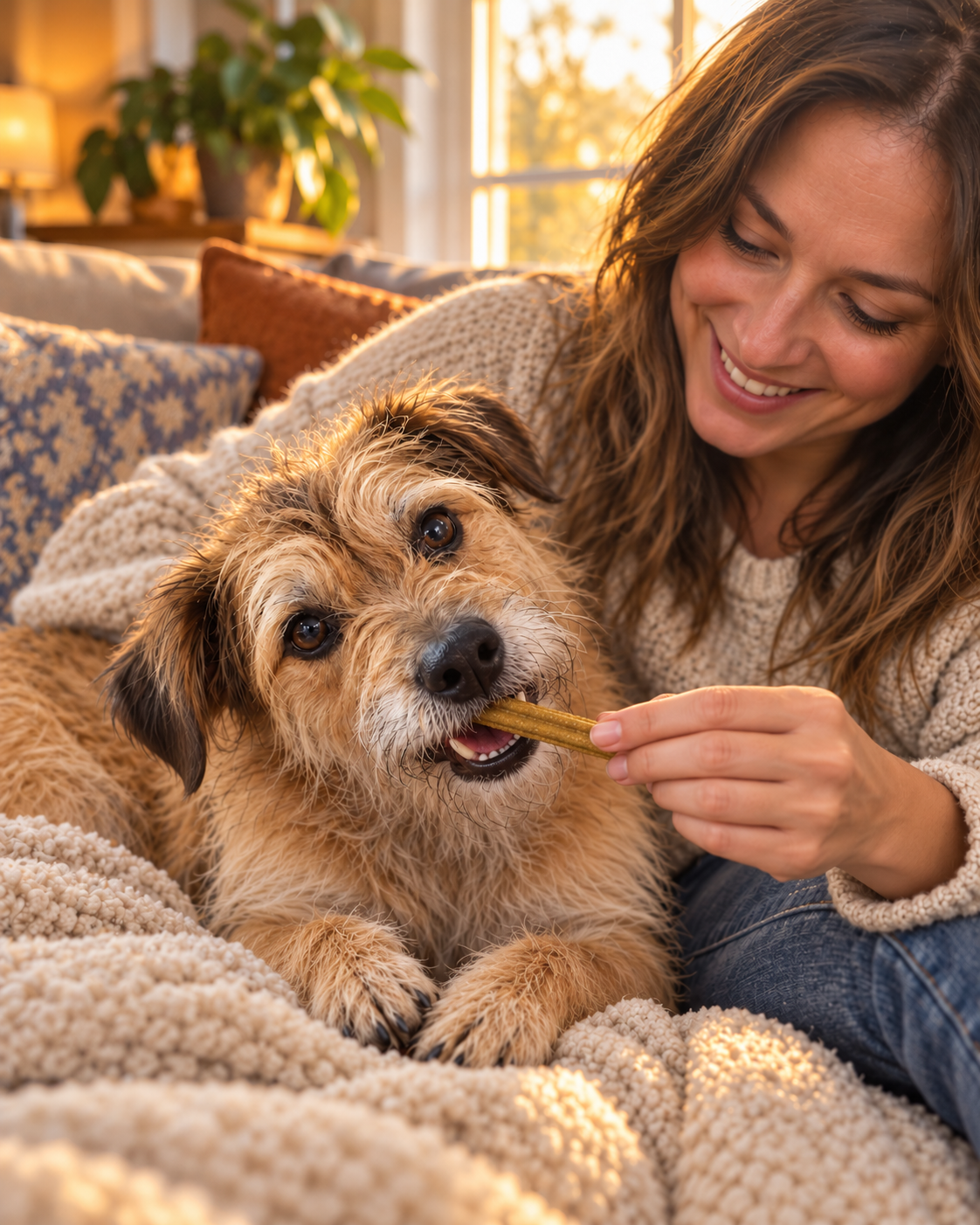 A smiling woman gives a treat to a small, scruffy dog resting on a blanket.