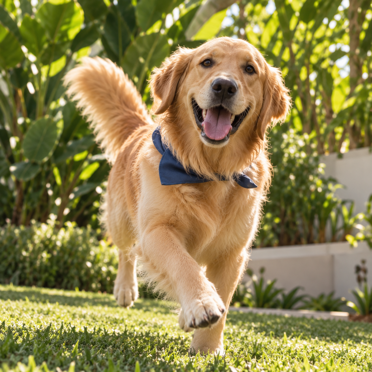 A happy golden retriever wearing a blue bow tie runs on a grassy lawn.