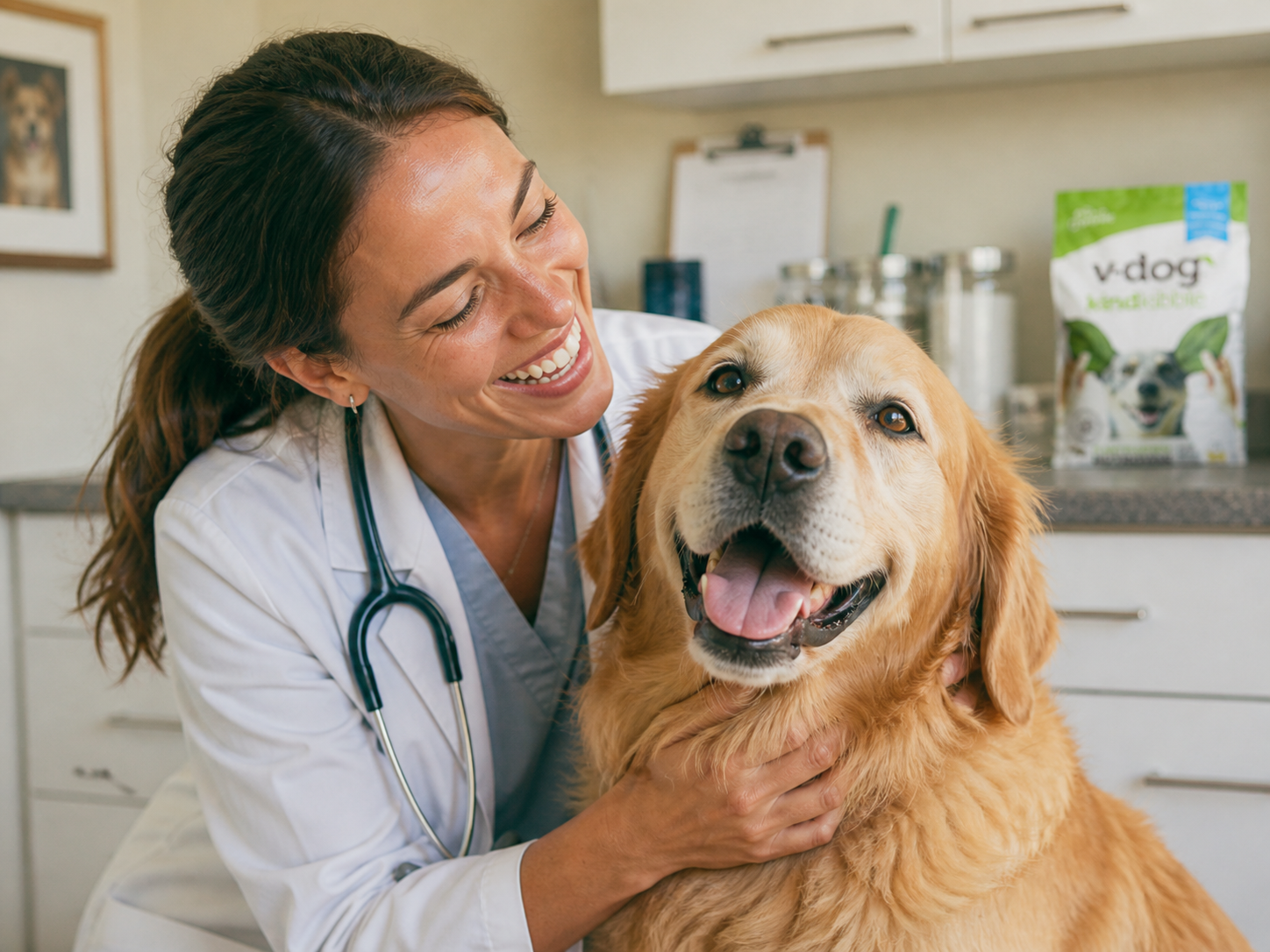 A smiling female veterinarian in a white coat pets a happy golden retriever in an exam room.