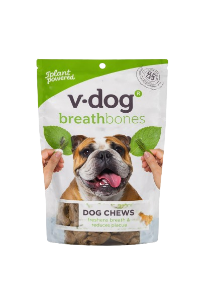 A bag of V-Dog Breathbones dog chews with a picture of a bulldog on the front.