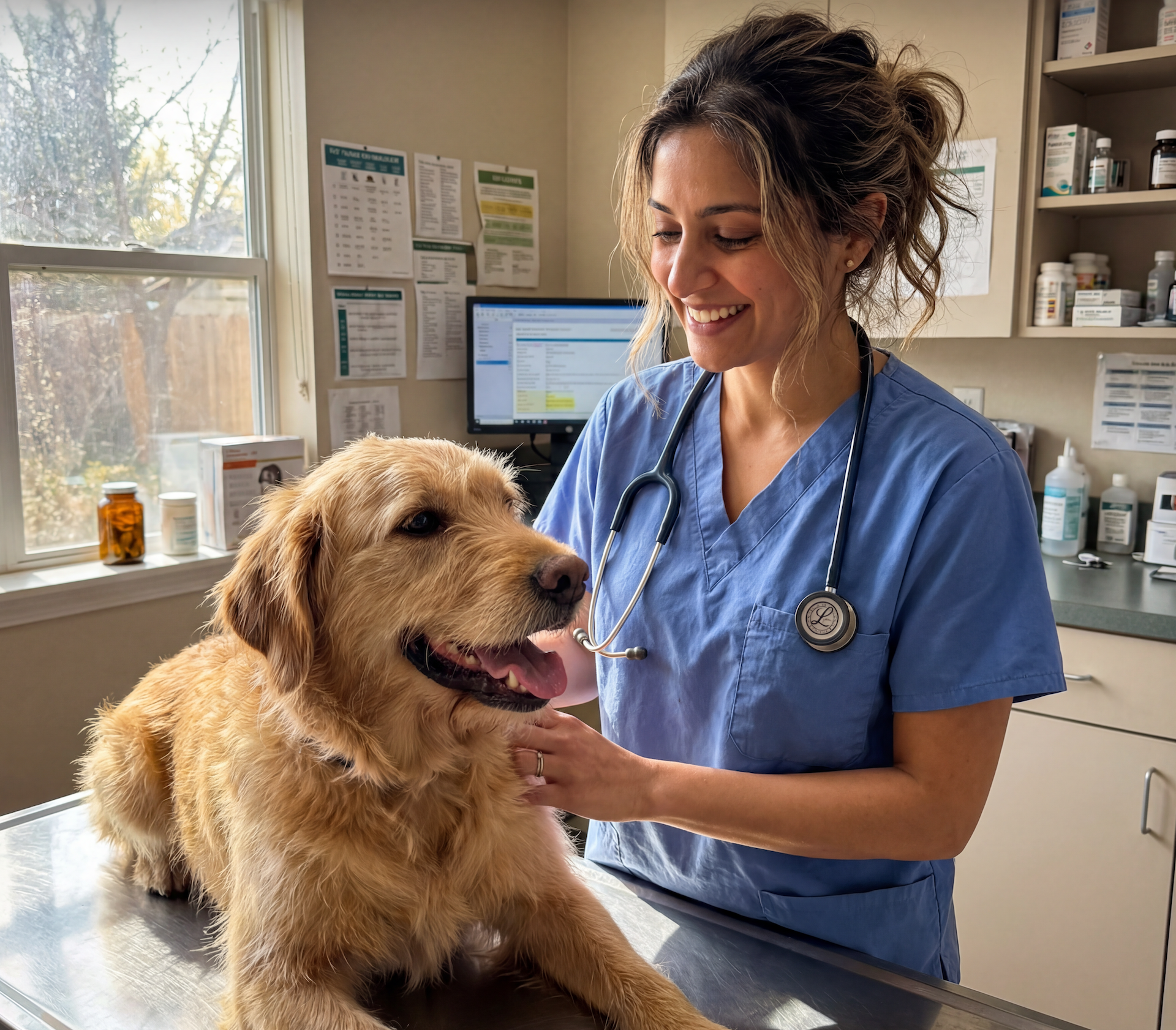 A female veterinarian in blue scrubs smiles as she examines a golden-colored dog on an examination table.