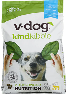 A bag of v-dog kindkibble dog food, showing a dog with leaves held up as ears.