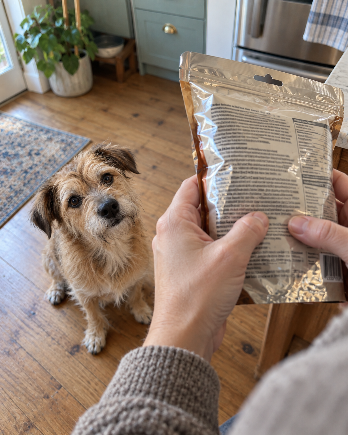A small, scruffy dog sits and looks up at a person holding a bag of treats.