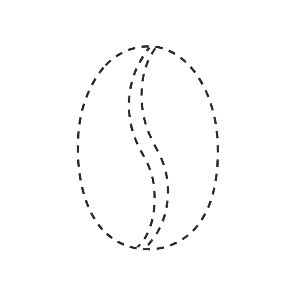 Outlined, dashed shape resembling a coffee bean on a black background.