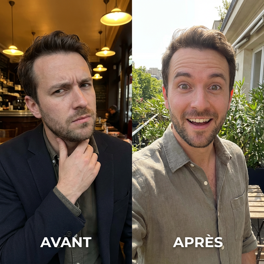 Split image of a man with thoughtful expression indoors and smiling outdoors.