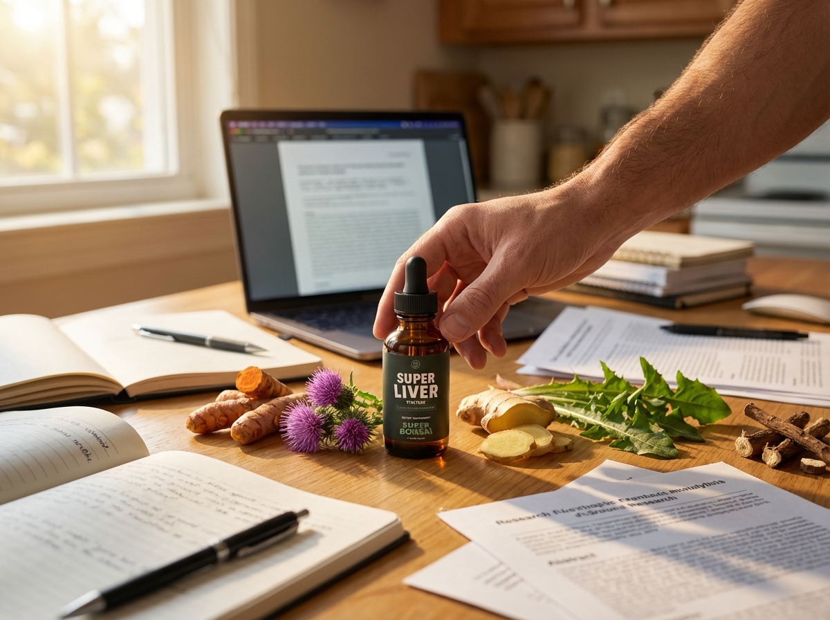 A hand reaches for a tincture bottle on a desk with a laptop, notebooks, and various fresh herbs.