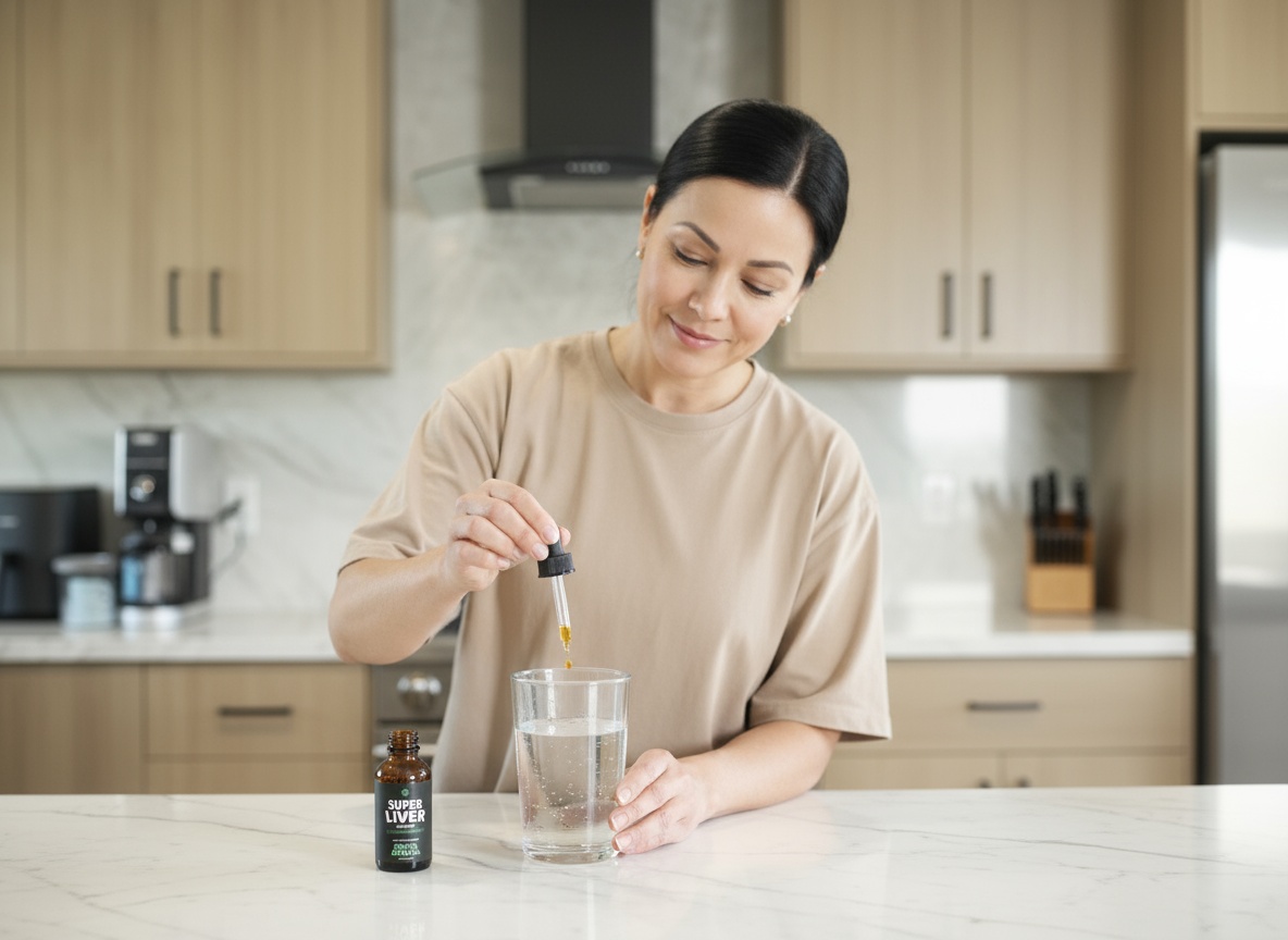 Person adding liquid from dropper into glass of water in kitchen.