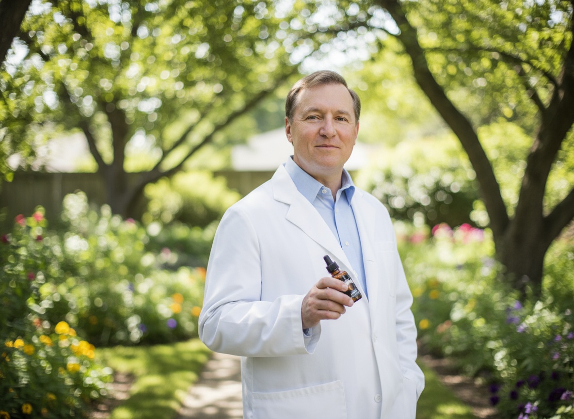 Person in white coat holding a bottle, standing in a garden.