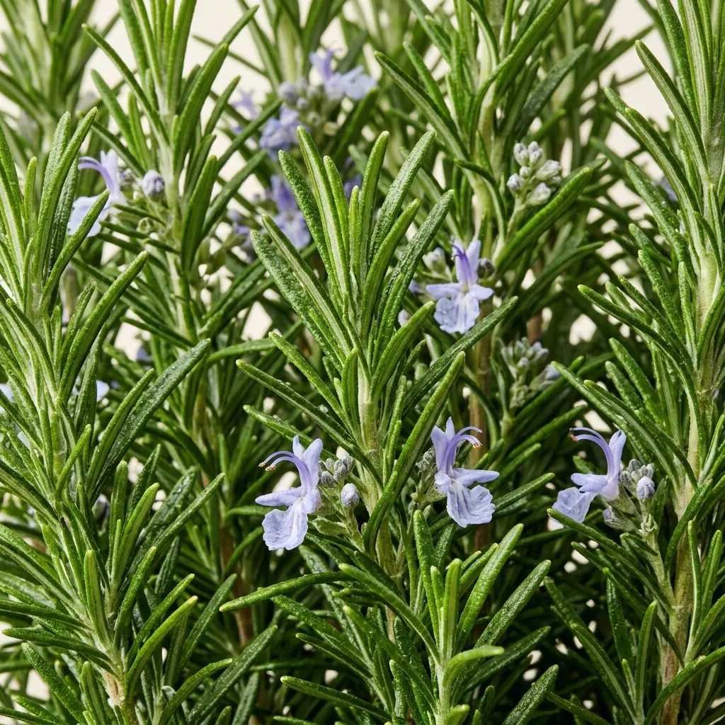 A close-up of a flowering rosemary plant with green leaves and small purple flowers.