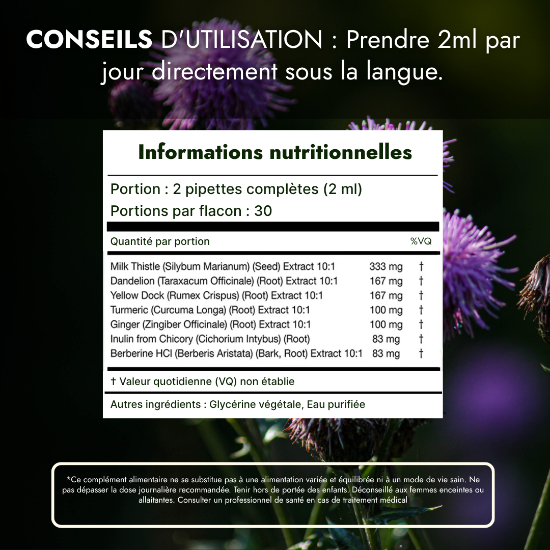 Nutritional information label in French for a supplement, set against a background of purple thistle flowers.