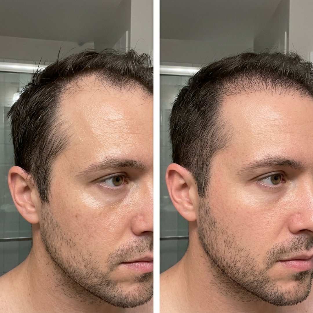 A before and after image showing a man's hairline, with the after photo showing thicker hair.