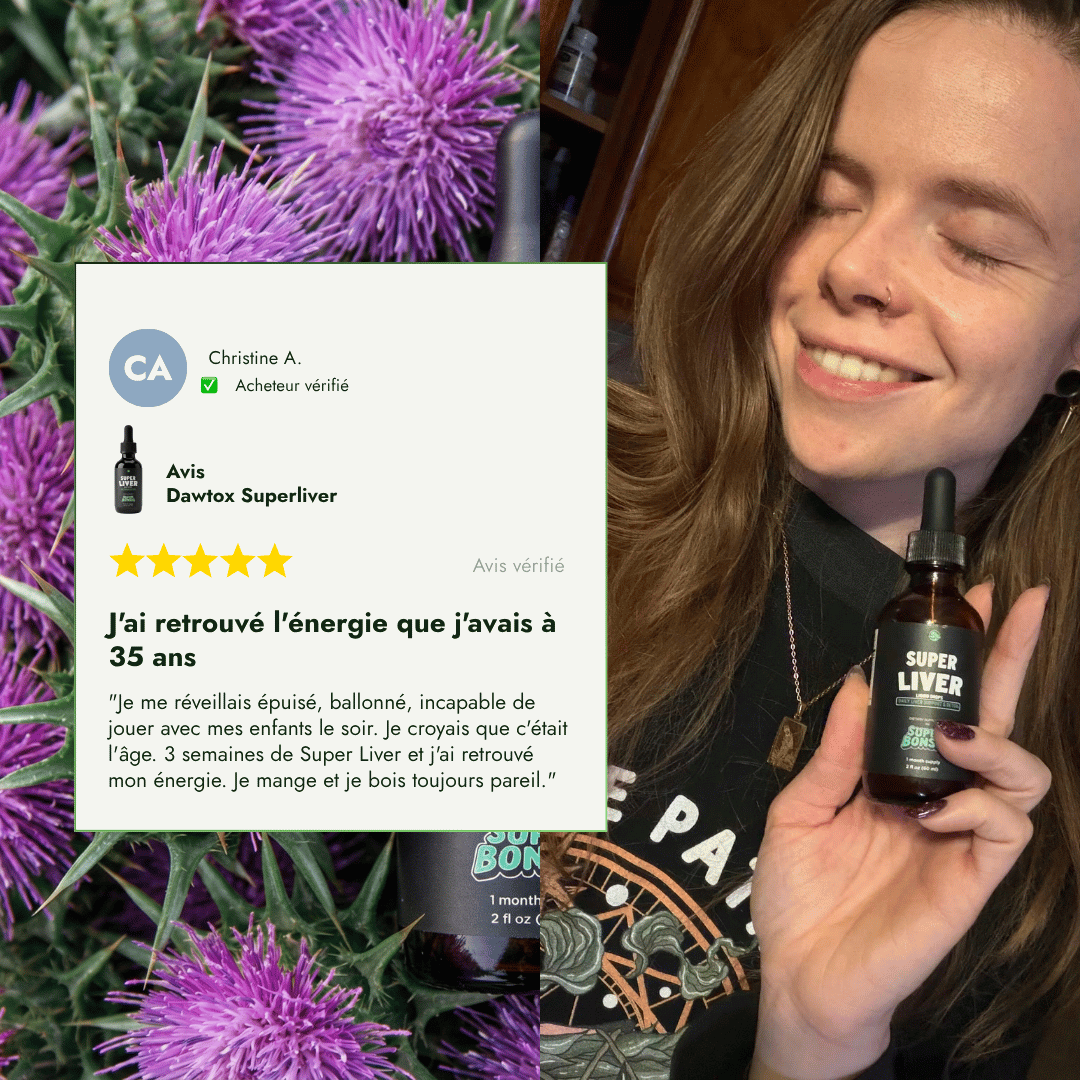 A smiling woman holds a bottle of Super Liver next to a positive customer review in French.