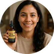 Person smiling and holding a bottle labeled 'Wild Mullein' indoors.
