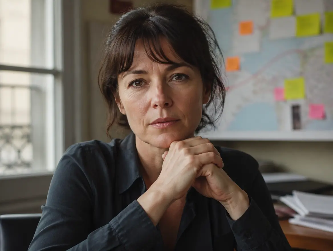A woman with dark hair and a serious expression rests her chin on her hands, looking at the camera.