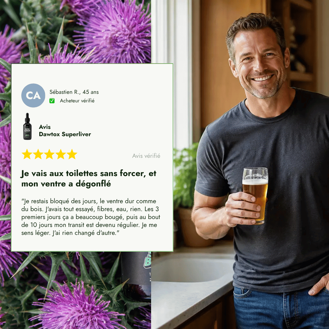 A man holding a glass of beer next to a customer testimonial with purple flowers.