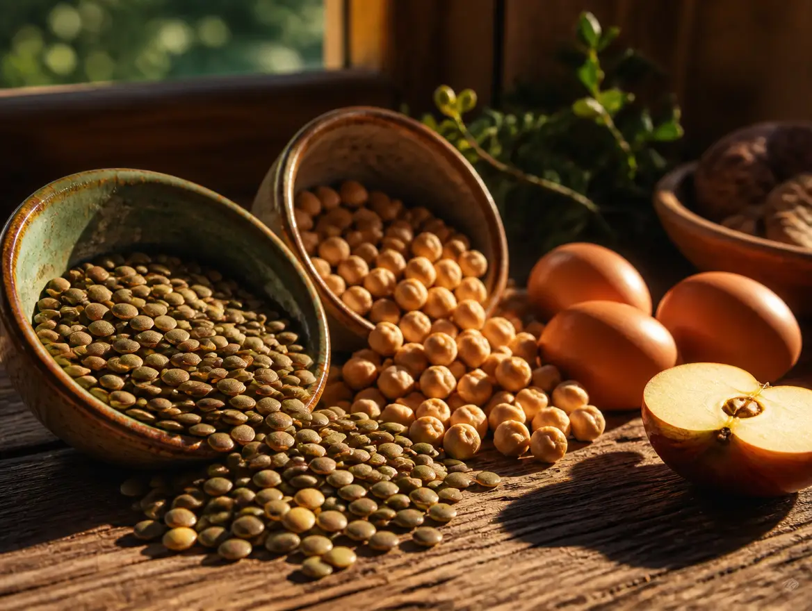 Lentils and chickpeas spilling from bowls onto a wooden table, next to eggs, a halved apple, and walnuts.