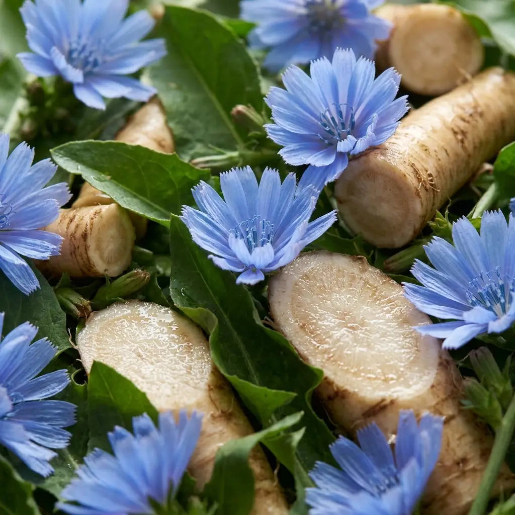 A close-up of fresh chicory root, sliced and whole, nestled among bright blue chicory flowers and green leaves.