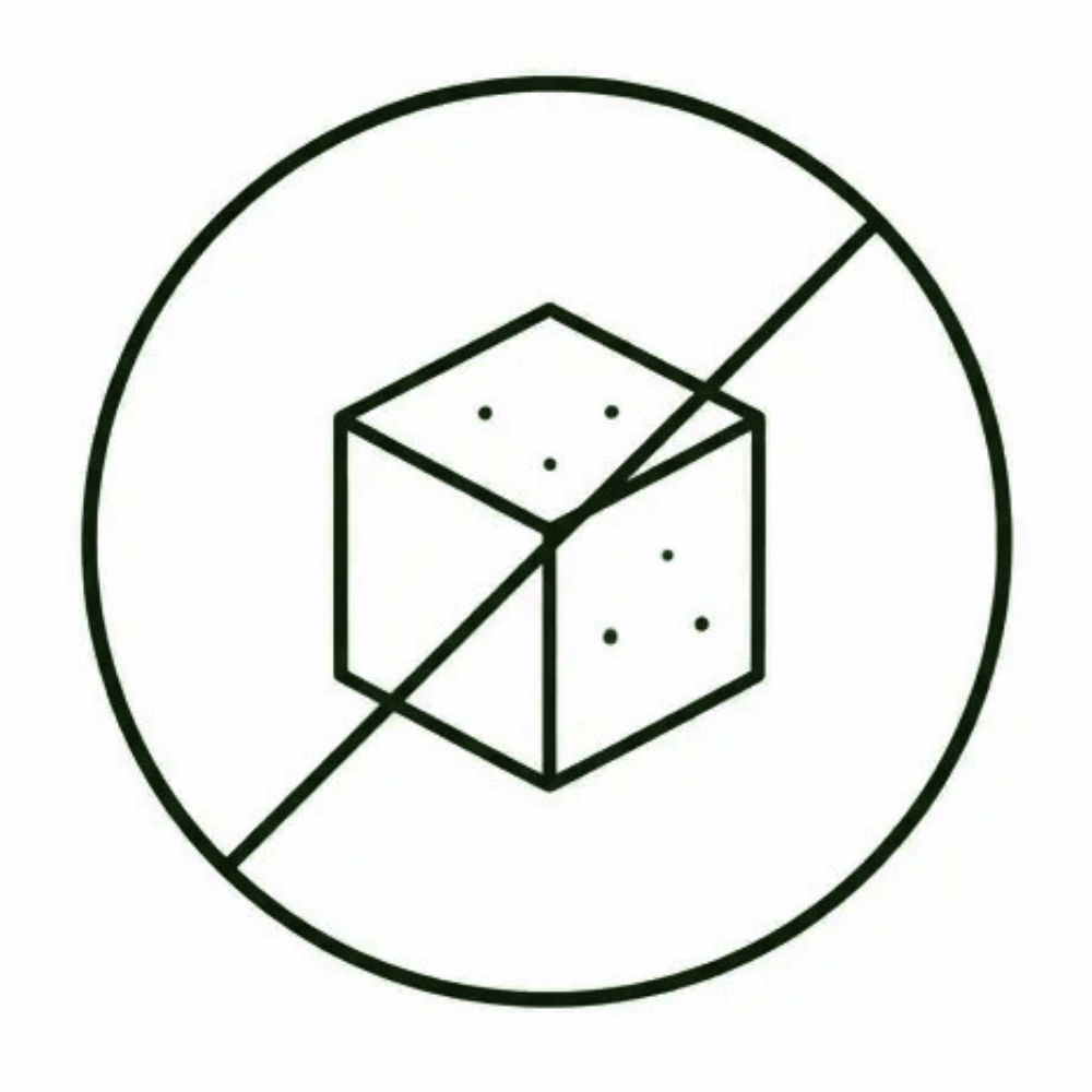 A line drawing of a sugar cube inside a circle with a diagonal slash mark through it.