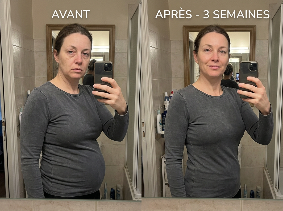 A side-by-side comparison photo showing a woman's physical transformation over a three-week period.