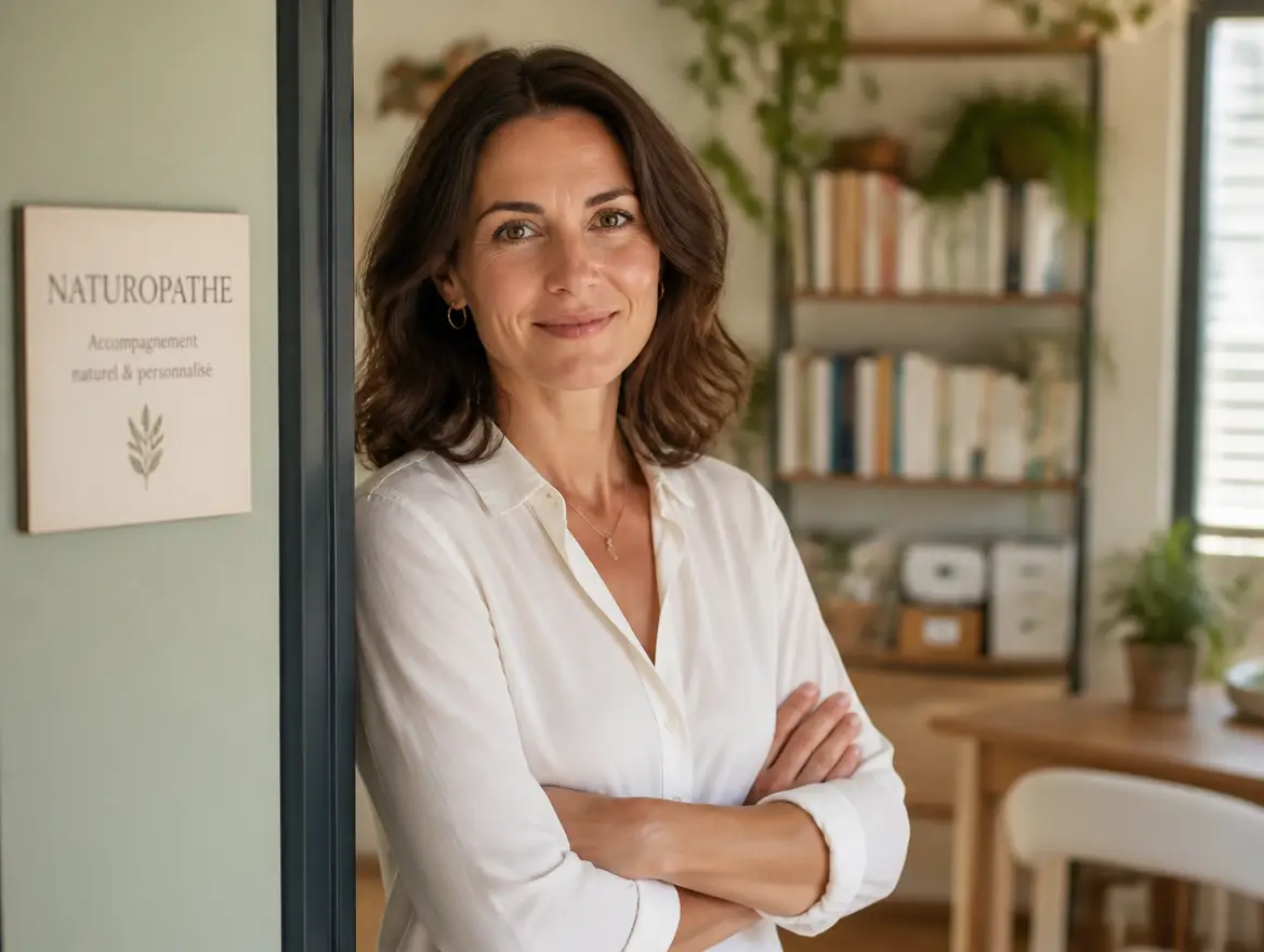 A female naturopath stands smiling in her office doorway with her arms crossed.