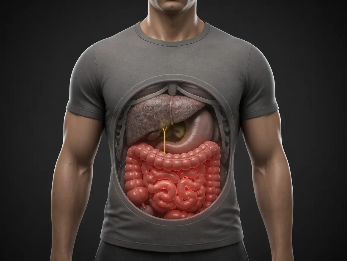 An anatomical illustration of a man's torso with a cutaway showing the digestive organs.