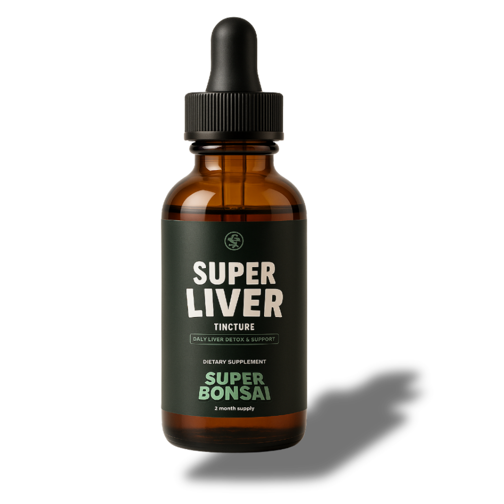 Brown bottle labeled 'Super Liver Tincture', dietary supplement by Super Bonsai.