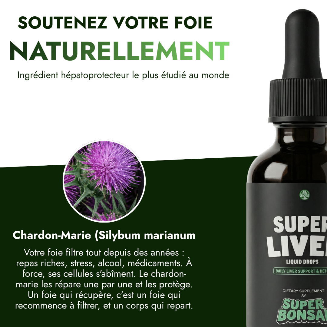 An advertisement for a liver support supplement, showing a bottle of drops and a milk thistle flower.