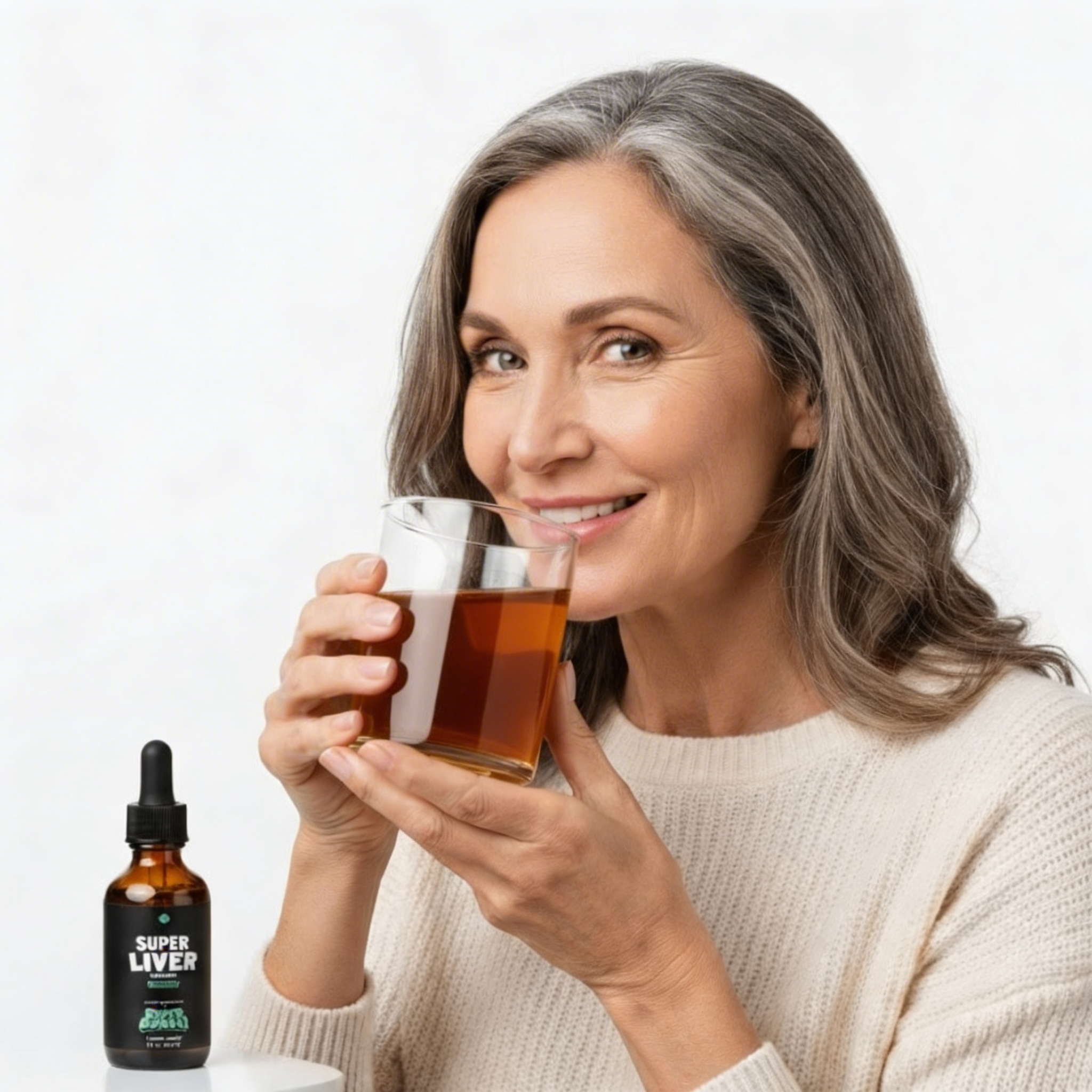A smiling woman holds a glass of a beverage, with a bottle of Super Liver next to her.