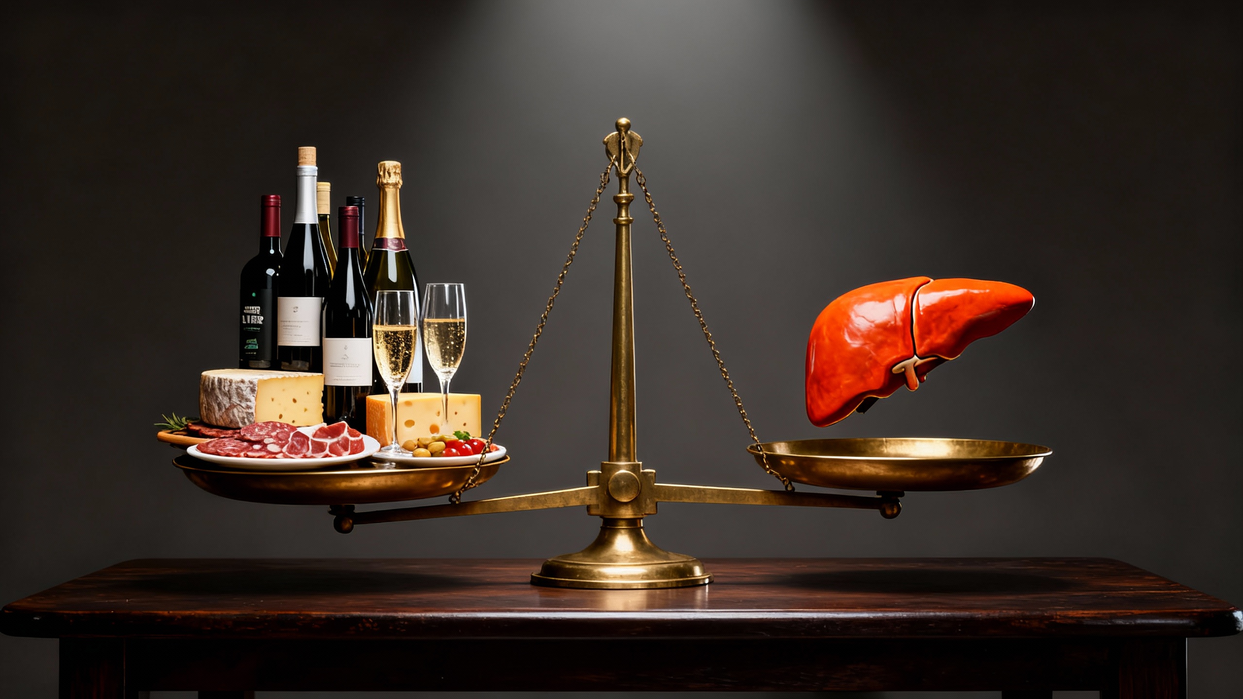 Balance scale with liver and food items, including wine and cheese.