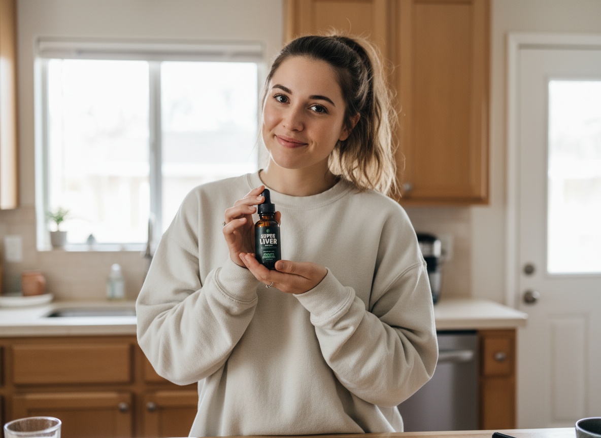 Person holding a bottle labeled 'Super Liver' in a kitchen.