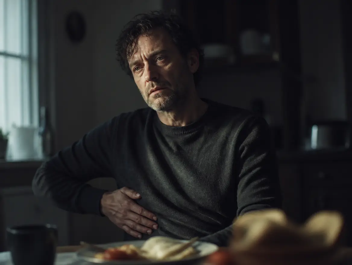 A middle-aged man in a dark sweater sits at a table, holding his abdomen in discomfort.