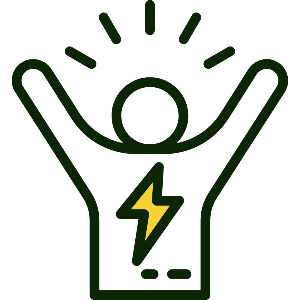 Illustration of a person with raised arms and a lightning bolt symbol on their chest.