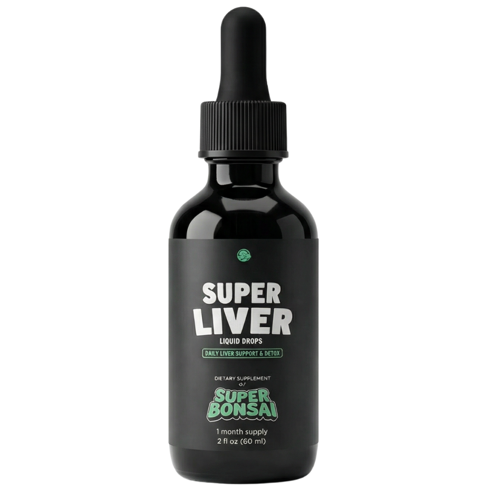 A black dropper bottle of Super Liver liquid drops, a dietary supplement by Super Bonsai.