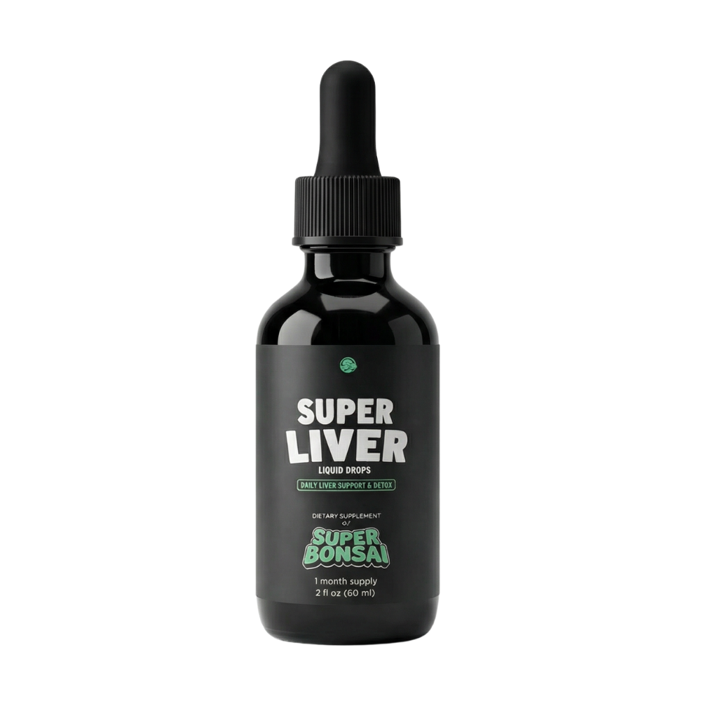A black dropper bottle of Super Bonsai Super Liver Liquid Drops against a black background.