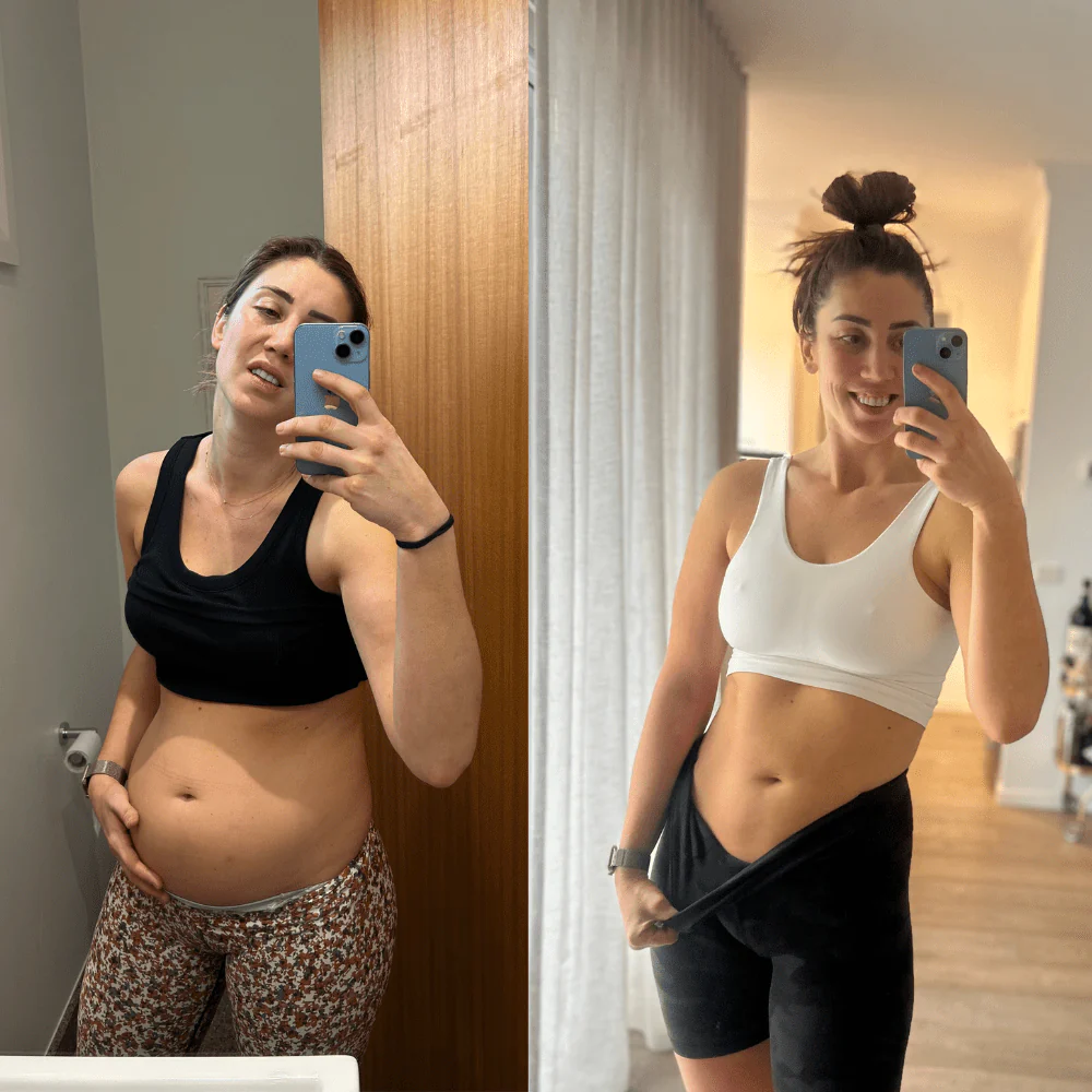 Two side-by-side selfies of a woman in different outfits in front of a mirror.