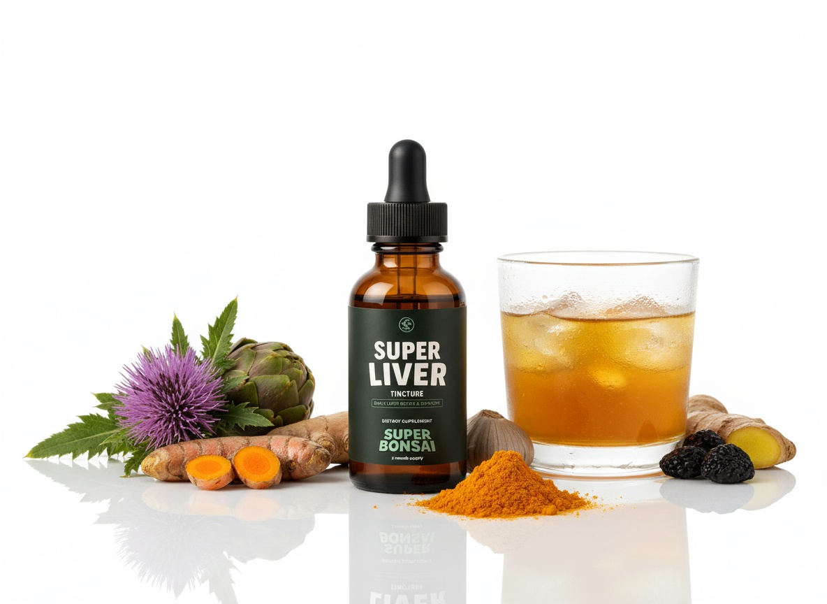 Super Liver tincture with herbs, turmeric powder, ginger, and a glass of iced tea.