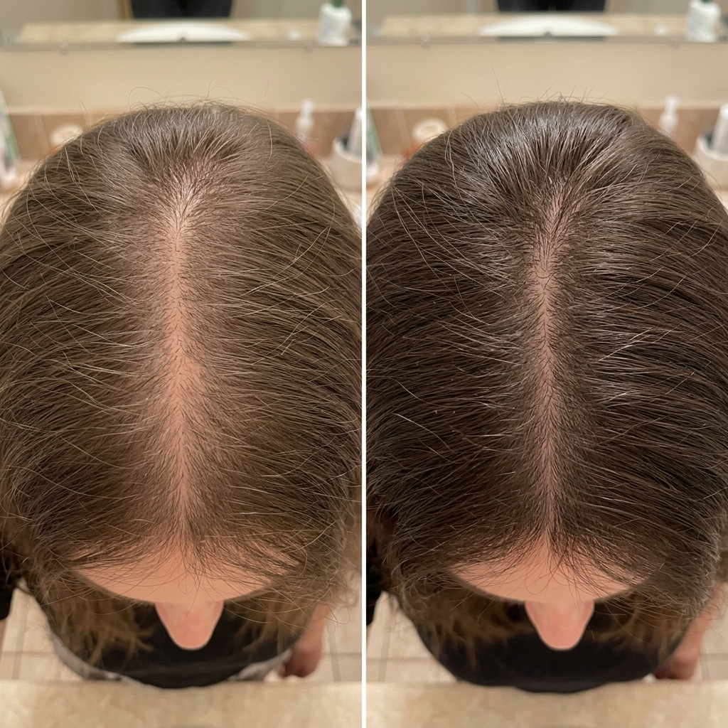 A side-by-side comparison of the top of a person's head, showing increased hair density on the right.