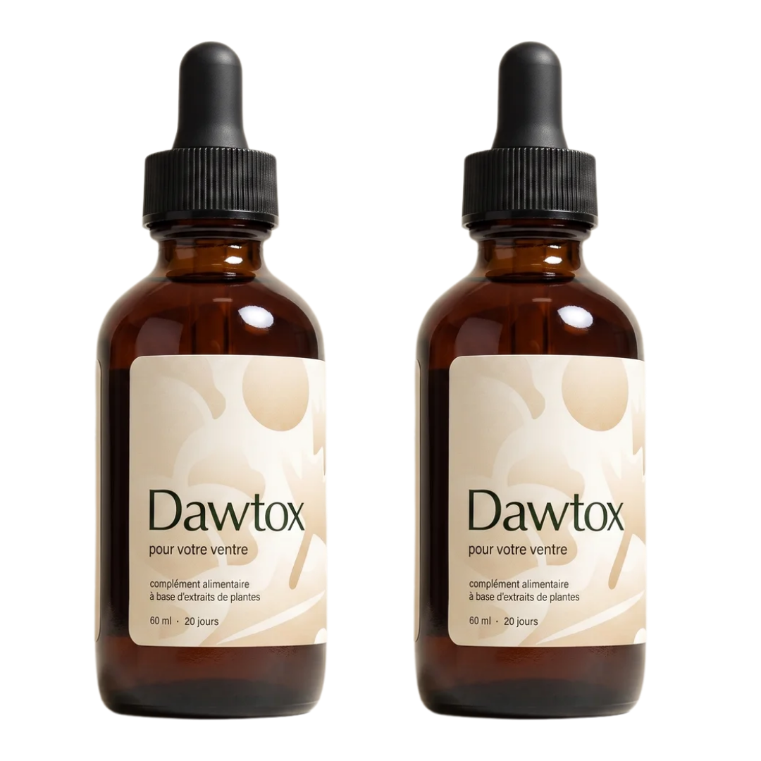 Two identical amber glass dropper bottles of a product called Dawtox against a white background.