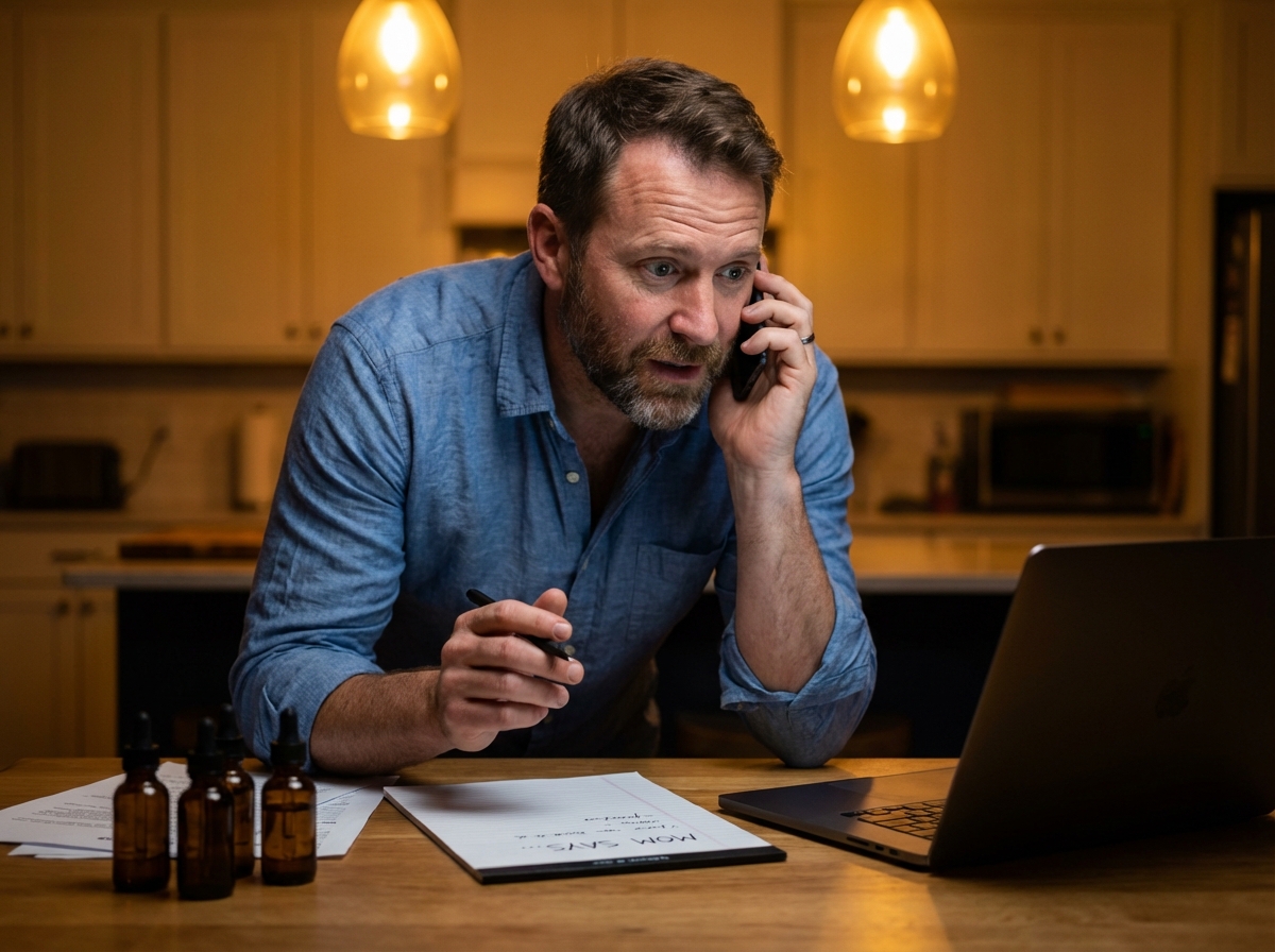 A man in a blue shirt talks on the phone while looking at his laptop at a table.