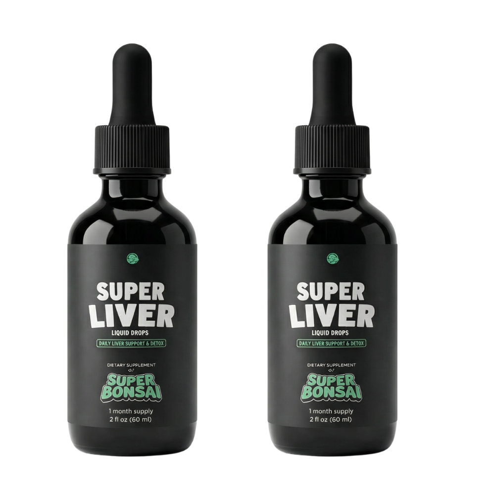 Two black dropper bottles of Super Bonsai Super Liver Liquid Drops against a black background.
